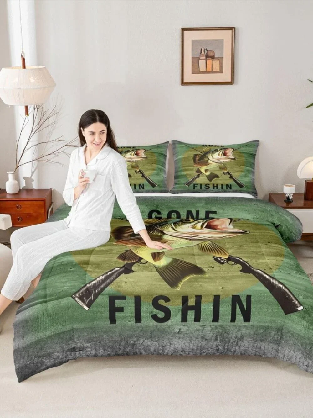 Pike Fish Hunting Comforter Set Twin Size Kids Boys Bedding